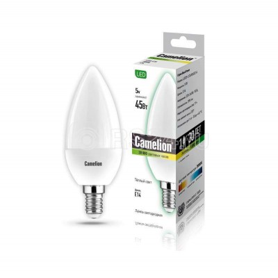 Лампа светодиодная LED5-C35/830/E14 5Вт свеча 3000К тепл. бел. E14 390лм 220-240В Camelion 12031