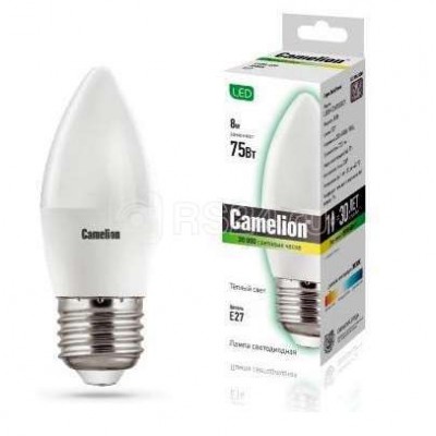 Лампа светодиодная LED8-C35/830/E27 8Вт свеча 3000К тепл. бел. E27 720лм 170-265В Camelion 12389