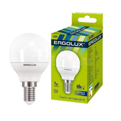 Лампа светодиодная LED-G45-7W-E14-6500K 172-265В "Шар" Ergolux 12878